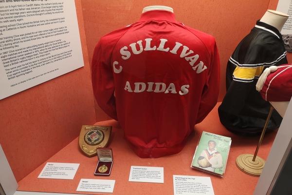 A display of sports clothing including tracksuit tops
