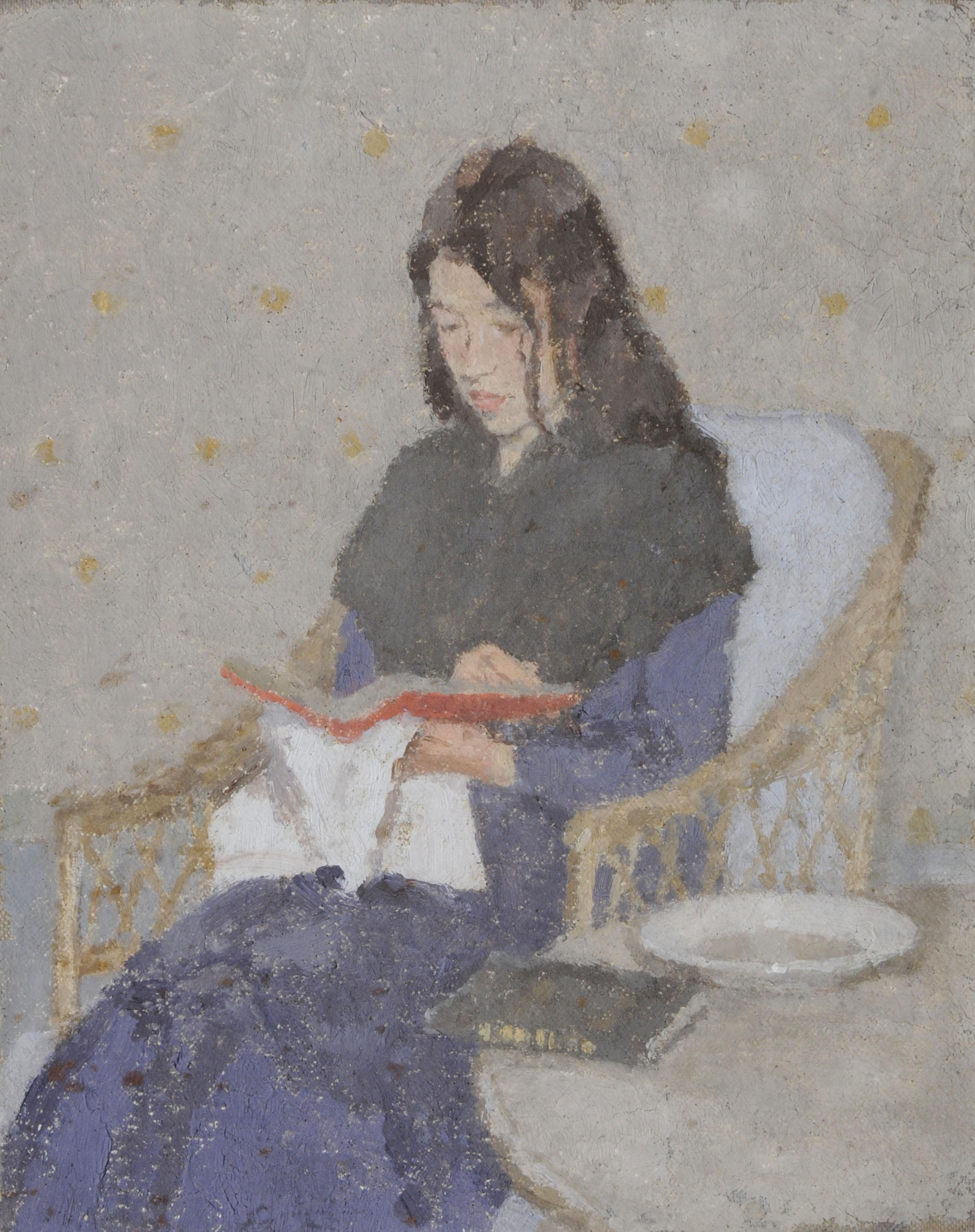 A painting of a woman sat reading a book