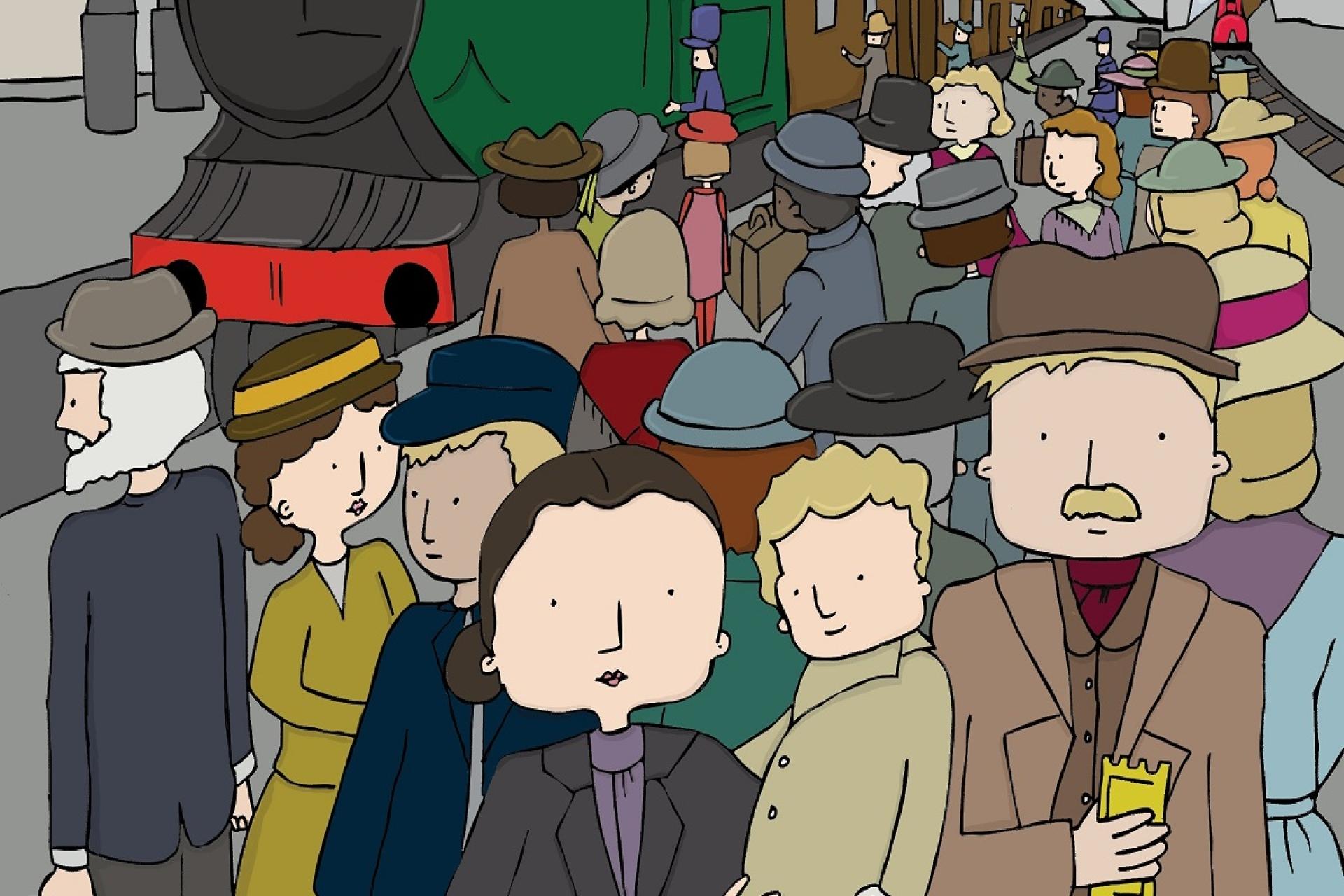 An illustration of people waiting for a train