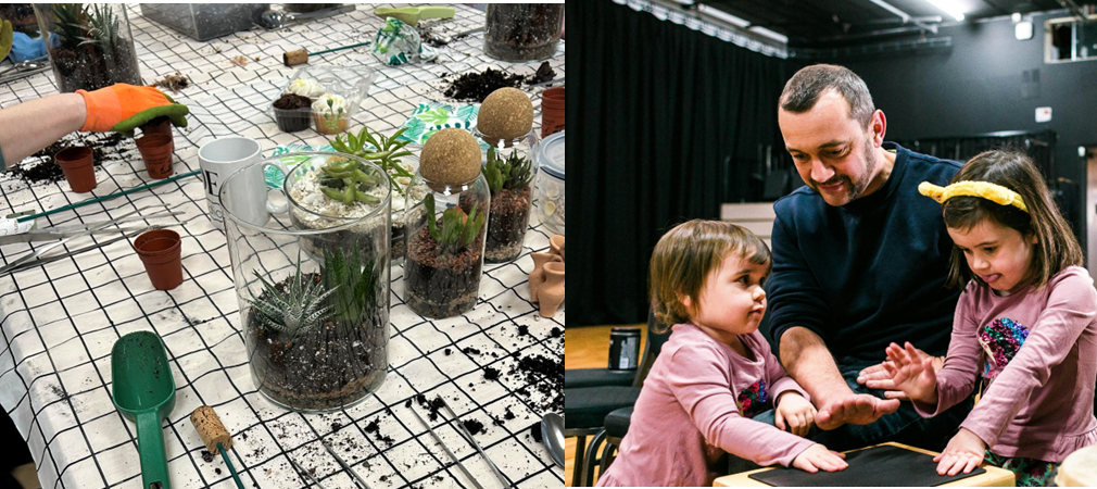 A man and two girls taking part in a craft activity