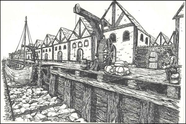 Artist’s impression showing the waterfront of Hull as it might have looked circa 1325, based on excavations at Chapel Lane Staith. Illustration based on a drawing by Chris Brown.