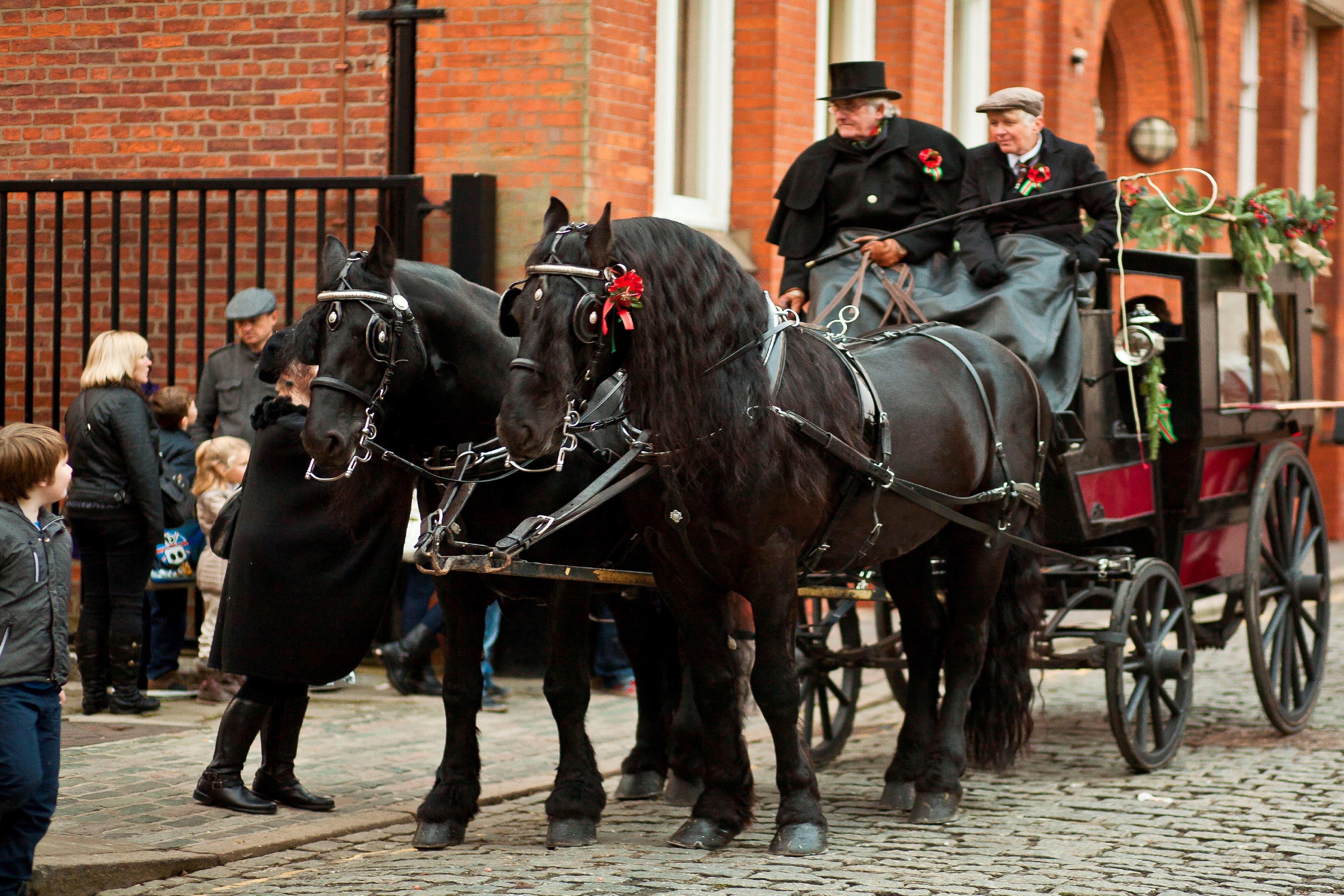 2 black horses pulling a carriage on a cobbled street.