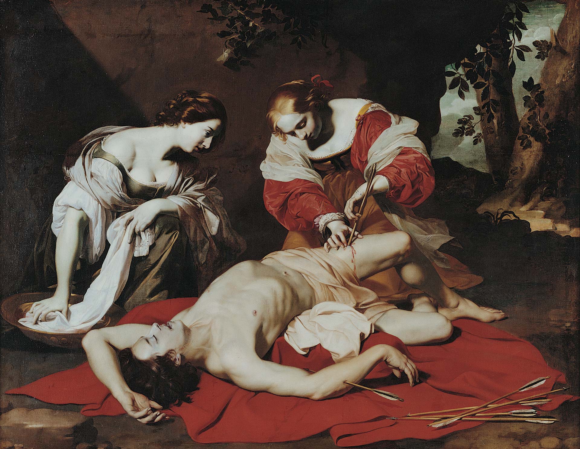 A painting of a man laid on the floor with an arrow in his leg. Two women are knelt over him and one is holding the arrow.