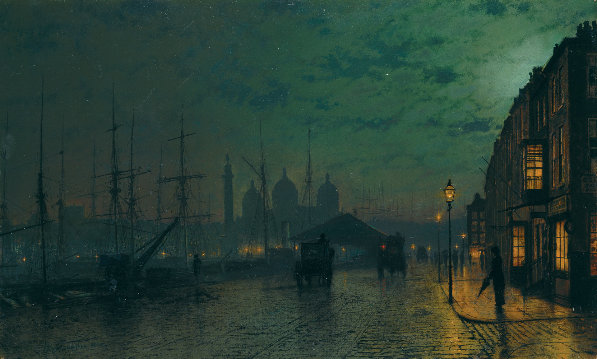 A painting of a moonlit street wit ha dock alongside it.