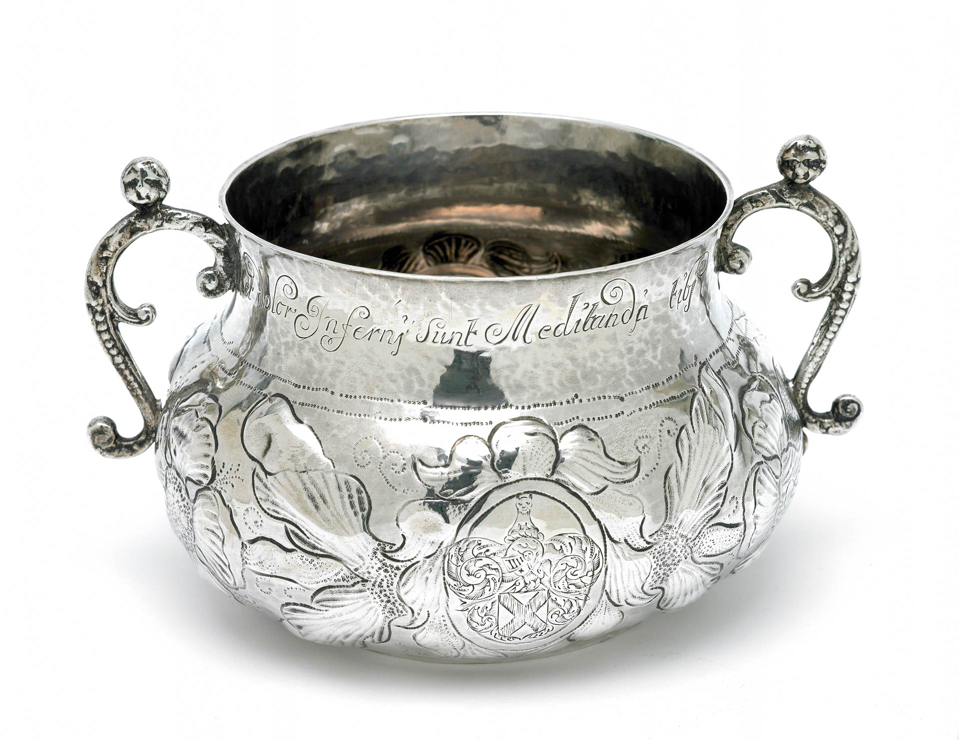 A large two handled silver pot
