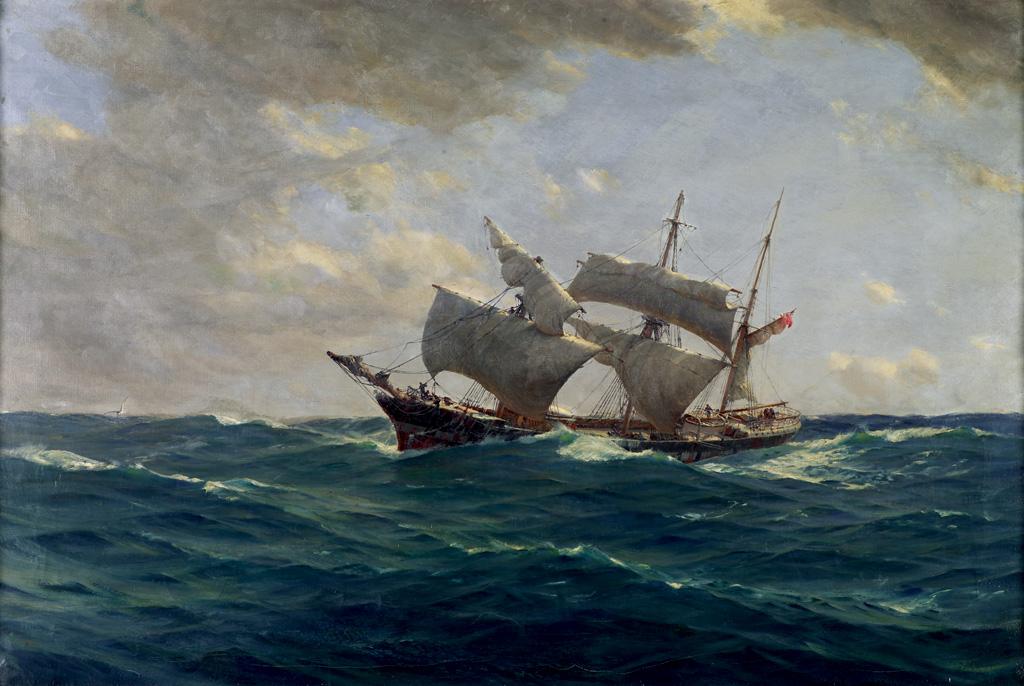 A painting of a large sailing boat on a blue sea