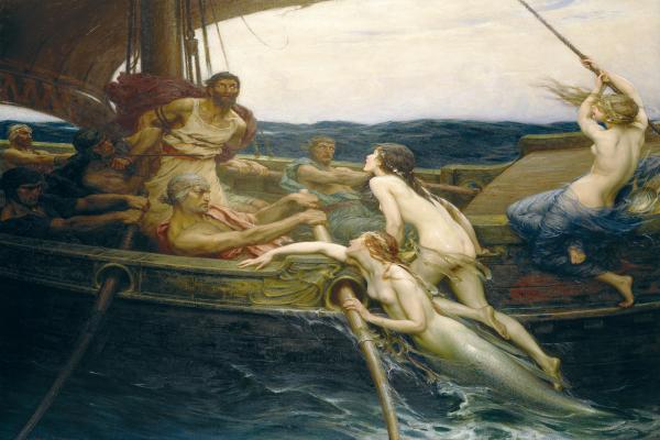 A painting by Draper. It shows the myth of Ulysses and the sirens. There are sirens climbing onto Ulysses wooden boat and he, and his fellow sailors, are trying to not get caught.