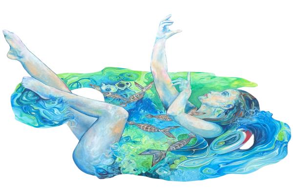 A painting of a women being enveloped by water surrounding her. She is laid on her back with her arms and legs in the air.