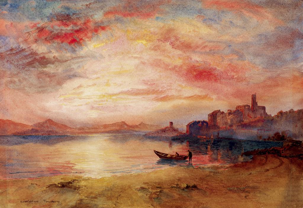 A painting of a coastal scene with a bright red sunset